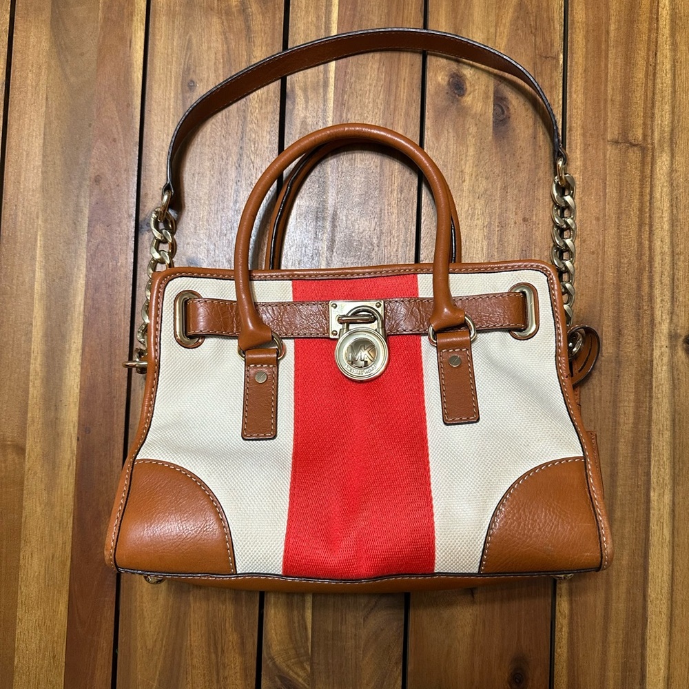 Michael Kors Tan and Red Mono Stripe Satchel